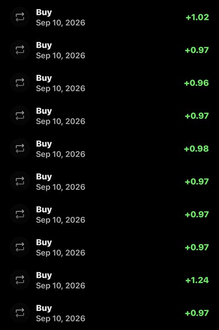 A dark-themed app interface displaying a transaction history list with multiple "Buy" entries dated "Sep 10, 2026" and small positive values ranging from +0.96 to +1.24 in green.