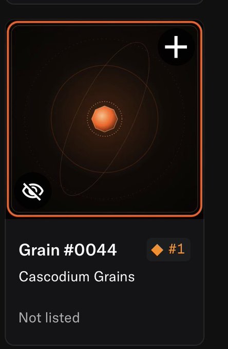 A digital collectible interface showing 'Grain #0044' from the 'Cascodium Grains' collection, marked as 'Not listed'.
