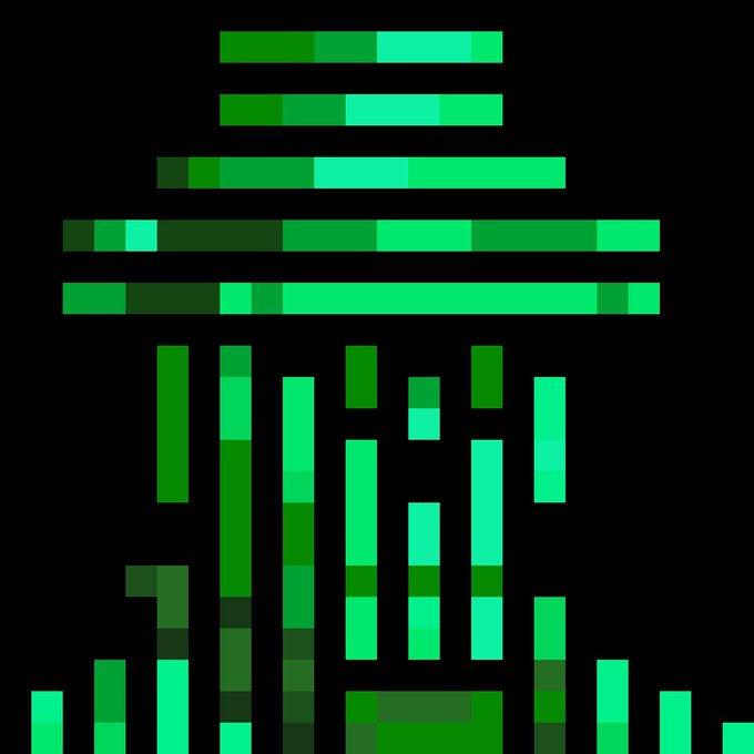 A pixel-art style LED equalizer display shows a pyramid of stacked horizontal green bars on top, with vertical green bars of varying heights below, all glowing against a black background.
