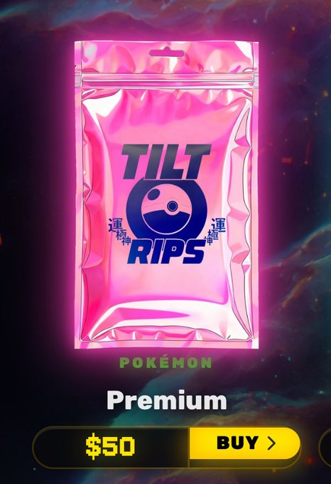 A digital item store screen showing a pink holographic 'TILT RIPS' Pokémon Premium package priced at $50 with a BUY button.