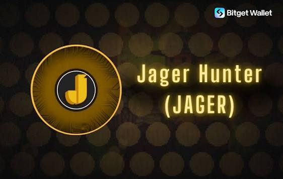The image features a gold circle logo placed over an image of a black background with yellow circles. The text "Jager Hunter (JAGER)" is displayed above the logo, suggesting that the image may be related to a post or social media content where the user wants to emphasize or promote the use of the Jager Hunter coin.