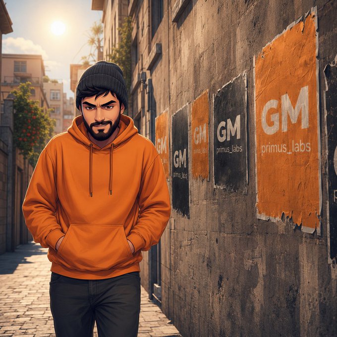 An illustration of a bearded man in an orange hoodie and beanie standing on a street, with posters reading 'GM' and 'primus_labs' pasted on the wall behind him.