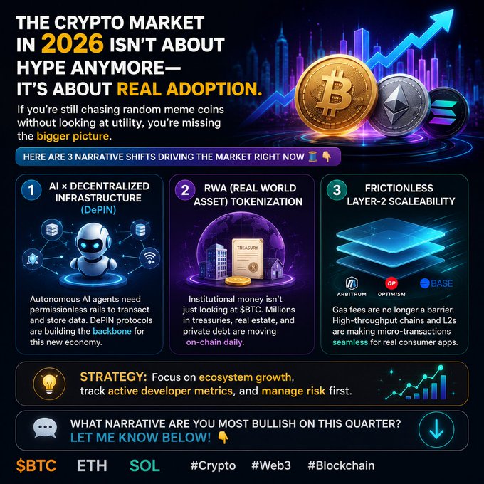 An infographic about the 2026 crypto market focusing on "real adoption" with sections on AI x DePIN, RWA tokenization, and Layer-2 scalability.