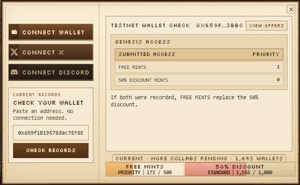 A screenshot of the FlockFall Testnet Wallet Checker interface displays a user's connected wallet (0x659F1B19578daC7EF8E) with 1 "Free Mint" priority access and 1,643 total wallets currently queued, including 173 Free Mints at Priority (173/500) and 1,558 half-price Standard vouchers (1,558/1,000). The dashboard features options to connect a wallet, Discord account, or check specific records, alongside statistics on submitted genesis access for the mint event.
