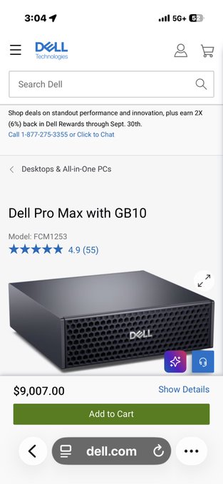 A mobile screenshot of the Dell Technologies website showing a 'Dell Pro Max with GB10' desktop priced at $9,007.00, rated 4.9 stars with 55 reviews.