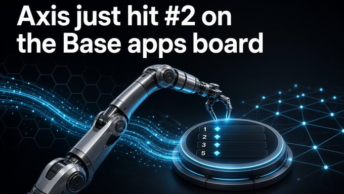 A promotional graphic reading "Axis just hit #2 on the Base apps board" featuring a robotic arm pointing to a digital ranking podium with positions 1-5 displayed on a futuristic blue-lit circular platform.