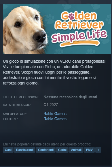 This image shows a Steam-like store page for a simulation game called "Golden Retriever Simple Life," featuring a golden retriever and details including a Q1 2027 release, no user reviews, and developer/publisher Rabo Games, with the post promoting the game alongside a Solana contract address ($Pichu).