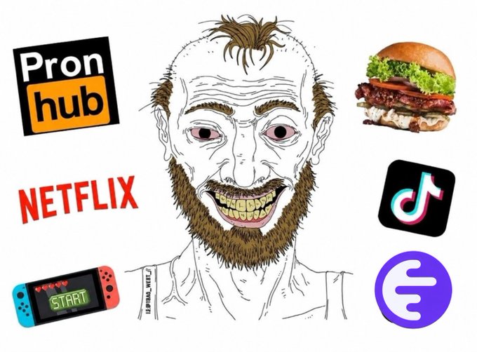 A distorted Wojak-style illustration of a bearded man smiling widely, surrounded by app icons including Pornhub, Netflix, TikTok, a Nintendo Switch, and Fast-Food apps, alongside an image of a bacon sandwich.