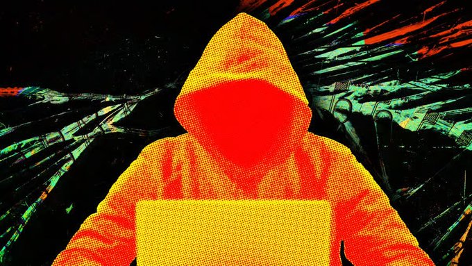 A stylized, pop-art image of a hooded hacker in an orange and red hooded sweatshirt typing on a laptop against a digital glitch background.