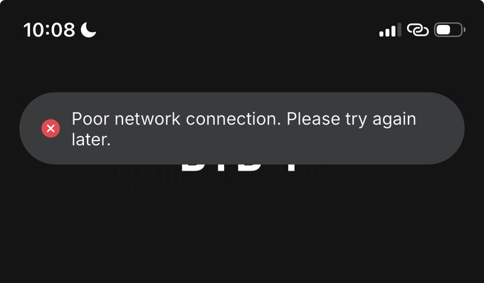 A mobile screenshot taken at 10:08 PM displays an error message on a dark background reading "Poor network connection. Please try again later." with a red X icon, illustrating the user's persistent inability to access the ByBit trading platform despite repeated attempts over 24 hours.