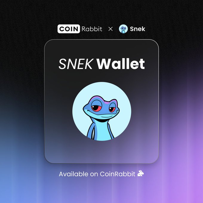 A promotional graphic announcing 'SNEK Wallet' collaboration between CoinRabbit and Snek, featuring a cartoon blue snake mascot, available on CoinRabbit.