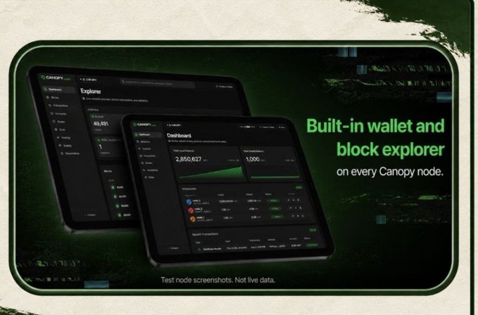 A promotional graphic displays two tablet screens showing the 'Canopy' dashboard interface with stats like '49,451' and '2,850,827', alongside the text 'Built-in wallet and block explorer on every Canopy node.' and a disclaimer 'Test node screenshots. Not live data.'