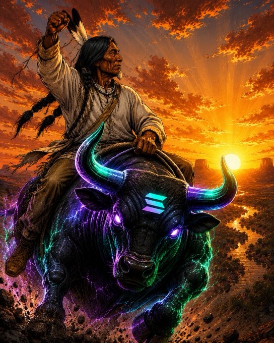 A Native American warrior rides a glowing, neon-infused bull charging through a desert landscape at sunset, symbolizing the bullish "GM SOLANA" energy and unstoppable momentum referenced in the post. The fusion of traditional imagery with vibrant crypto-style neon accents captures the spirit of a thriving Solana bull run.