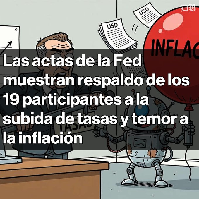 A cartoon illustration depicts a stressed-looking man at a podium facing a rusty robot holding a red 'INFLATION' balloon, with Spanish text reading 'Las actas de la Fed muestran respaldo de los 19 participantes a la subida de tasas y temor a la inflación.'