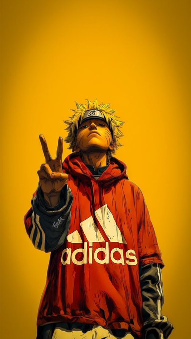 A stylized digital illustration of a young man resembling the anime character Naruto, making a peace sign. He wears a Konoha headband and a red Adidas hoodie against a solid yellow background.