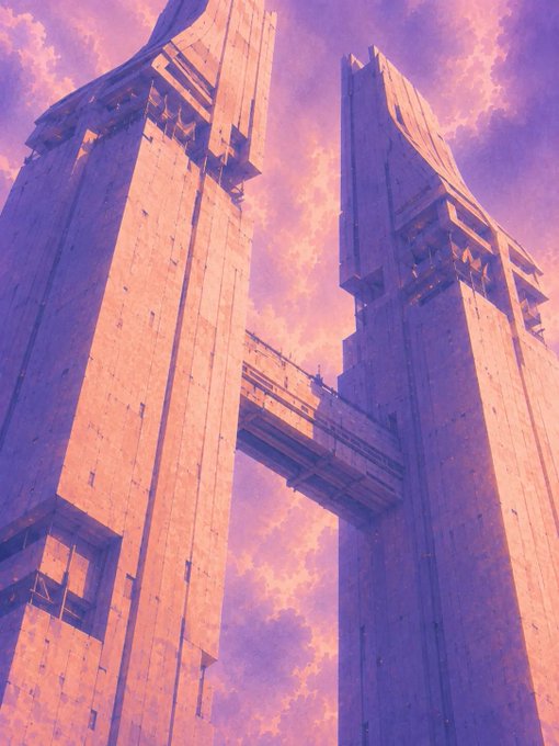 Two massive brutalist monoliths connected by an elevated bridge stand against a pink and purple sky, resembling a monumental gateway or fortress. The image evokes the concept of a sovereign, code-driven institution — mirroring @standard_rsv's vision of a rigid, immutable onchain central bank where policy is executed like the unyielding architecture of a digital citadel.