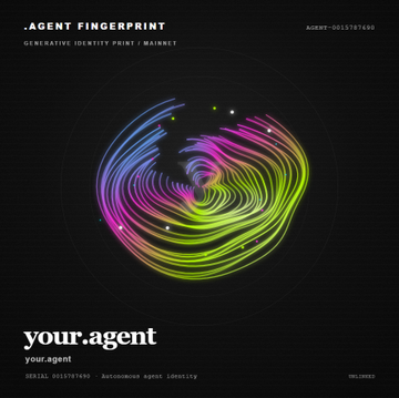 A generative identity print labeled ".AGENT FINGERPRINT" displaying a colorful, swirling fingerprint design alongside text reading "your.agent" and an autonnomus agent identity.