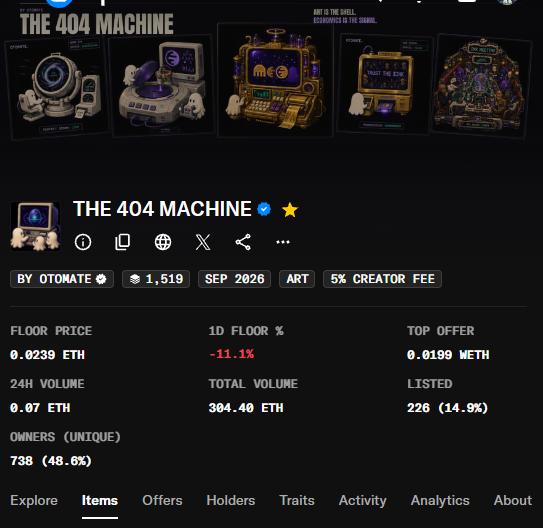 NFT collection page on OpenSea titled 'THE 404 MACHINE' by OTOMATE, displaying stats like 'FLOOR PRICE 0.0239 ETH', '24H VOLUME 0.07 ETH', and 'TOTAL VOLUME 304.40 ETH'.