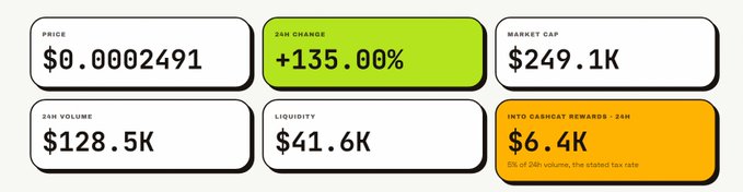 A cryptocurrency dashboard displays a token with a price of $0.0002491, a +135.00% 24-hour change, a market cap of $249.1K, a 24-hour volume of $128.5K, a liquidity of $41.6K, and $6.4K in cashback rewards.
