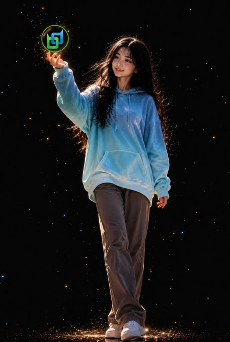 An AI-generated full-body illustration of a young woman with long dark hair wearing a light blue hoodie and brown pants, holding up a glowing green digital icon against a starry black background.