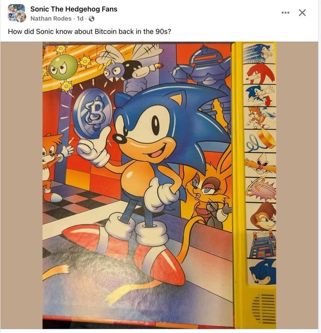 A Facebook post from 'Sonic The Hedgehog Fans' by Nathan Rhodes asking 'How did Sonic know about Bitcoin back in the 90s?' above an image of the classic Sonic the Hedgehog video game box art.