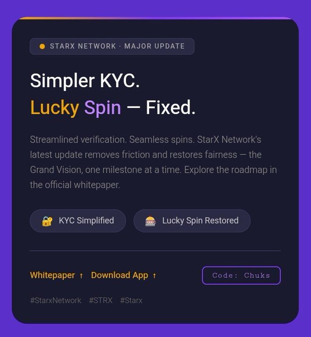 The image shows a purple background with white text that reads "Major update from StarXNetwork! StarX enters a new phase with a simpler KYC process and a fully restored Lucky Spin for a smoother, fairer experience". The main focus of this image is on the update in the StarX network.