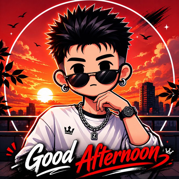 The image features a cartoon boy wearing sunglasses, a white shirt with a crown, and a chain necklace. He has spiky hair and is looking down at his hand. The background of the image shows an orange sky with clouds, which complements the overall theme of the post. The caption "Good afternoon! Hope your day is going great so far @base" is written in red text above the boy's head.