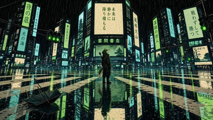 A lone figure with a Shiba Inu-like silhouette stands in a rain-soaked Tokyo-style intersection illuminated by towering billboards featuring Japanese text including "雲間書店" (Cloud Bookstore). The moody, cyberpunk aesthetic mirrors the post's menacing tone about "bagworking" the Shiba Inu, casting the dog-themed $WOOF token in a dramatic, noir-inspired light.