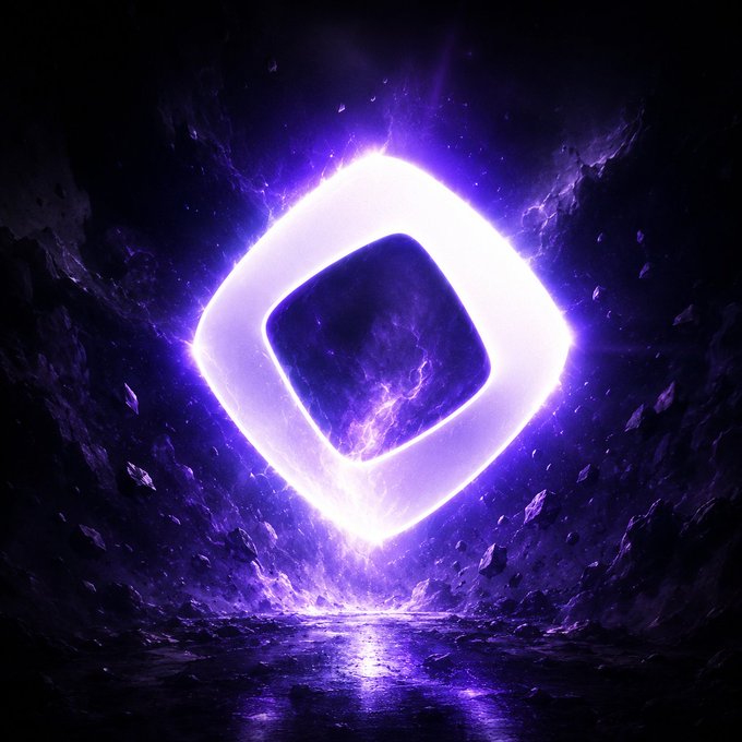 A glowing purple diamond-shaped portal erupts with cosmic energy in a dark, rocky void, symbolizing the mysterious and powerful presence of Monad (MON) in the crypto space. The imagery conveys the idea that despite—or because of—FUD (fear, uncertainty, and doubt), Monad's visibility and momentum only intensify, as reflected by the explosive, attention-grabbing light at its core.