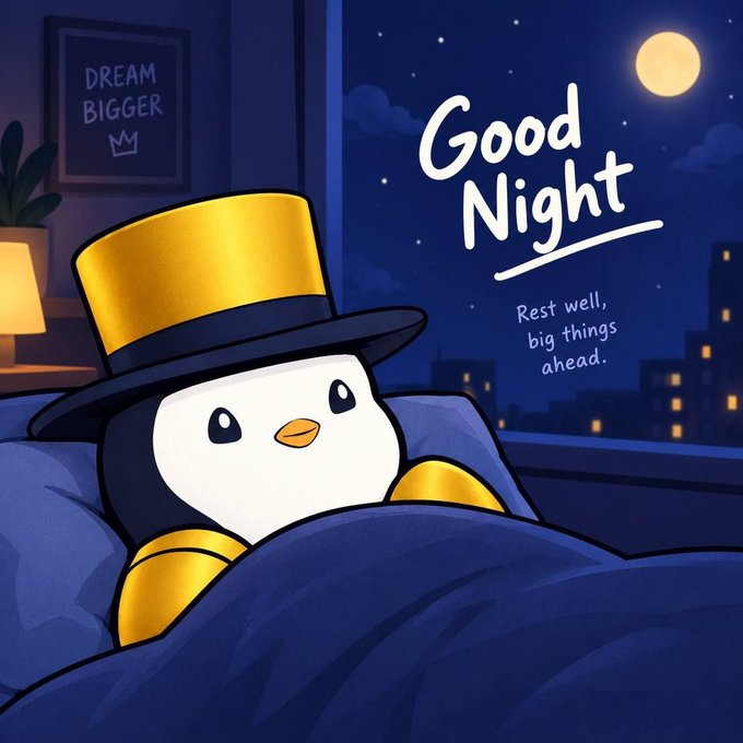 A 'Good Night' illustration featuring a cute penguin wearing a yellow top hat tucked in bed, with a 'DREAM BIGGER' sign on the wall, a moonlit night sky view, and the encouraging text 'Rest well, big things ahead.'