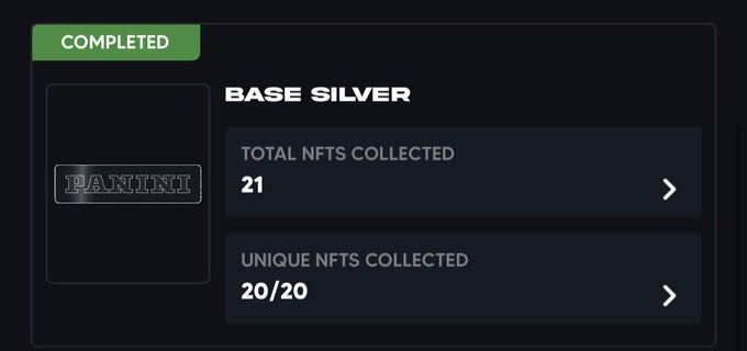 A Panini NFT collection screen showing the 'BASE SILVER' set as 'COMPLETED' with 21 total NFTs collected and 20/20 unique NFTs collected.