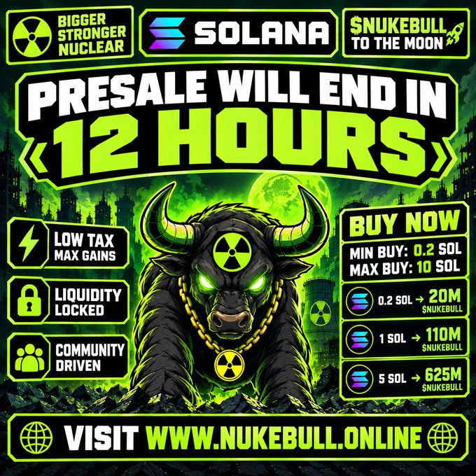 A promotional graphic for $NUKEBULL featuring a glowing-eyed radioactive bull with nuclear symbols and Solana branding, announcing that the presale ends in 12 hours with a minimum buy of 0.2 SOL (yielding 20M $NUKEBULL) and maximum of 10 SOL, directing users to visit nukebull.online. The image visually reinforces the post's call to action, matching the advertised token exchange rates and the website URL.