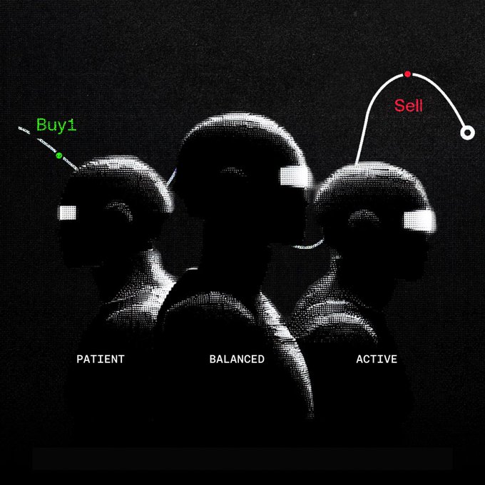 Three robotic figures labeled "PATIENT," "BALANCED," and "ACTIVE" are shown in a darkened, grainy image, with a green "Buy1" marker near the patient figure and a red "Sell" marker tracing a curve above the active figure—visually reinforcing the post's message about replacing emotional trading decisions with a disciplined, automated DCA bot strategy on OKX.