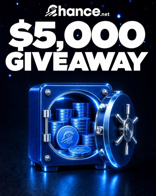 A promotional graphic reading "$5,000 GIVEAWAY" at the top with the "chance.net" logo, featuring an illustration of a blue metallic safe open and filled with stacked blue crypto coins.