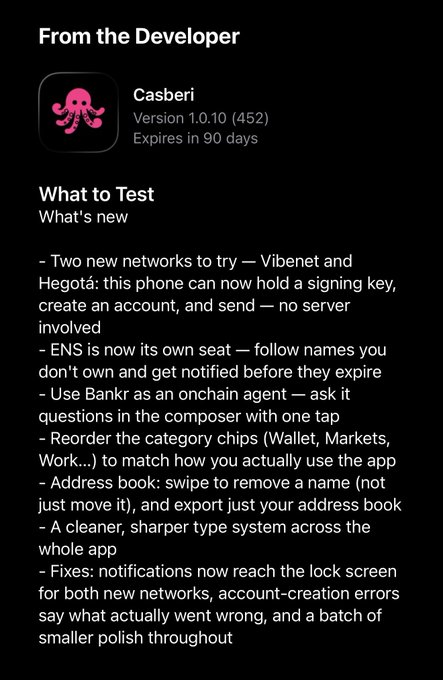 A screenshot of an app update titled 'From the Developer' by 'Casberi' (Version 1.0.10), listing new features such as Vibenet and Hegotà networks and Bankr as an onchain agent.