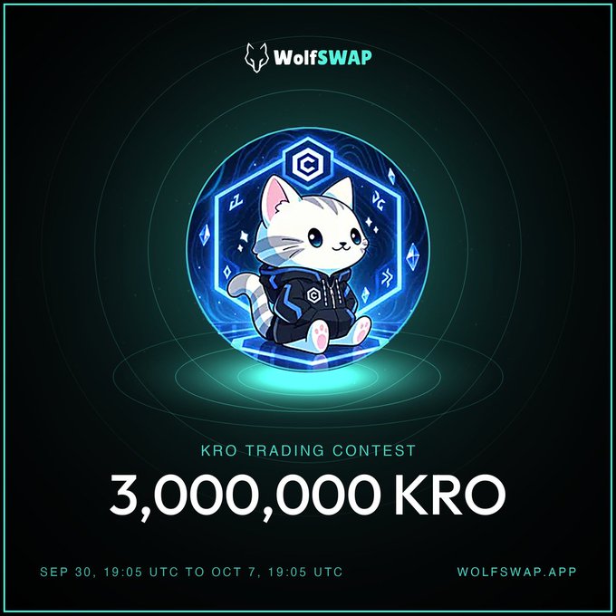 A promotional graphic for 'WolfSWAP' announces a 'KRO TRADING CONTEST' with a prize pool of '3,000,000 KRO', running from 'SEP 30, 19:05 UTC TO OCT 7, 19:05 UTC' at 'WOLFSWAP.APP'.