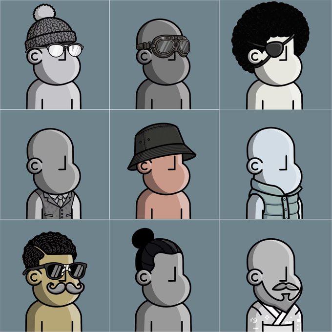A 3x3 grid of cartoon character avatars in various styles, featuring different hairstyles, hats, sunglasses, and accessories.