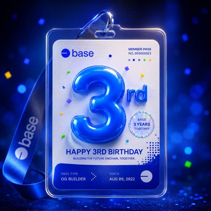 A digital commemorative membership pass for the cryptocurrency platform Base, celebrating its 3rd anniversary with a large blue '3rd' balloon design, labeled 'OG BUILDER' and 'SINCE AUG 09, 2022'.