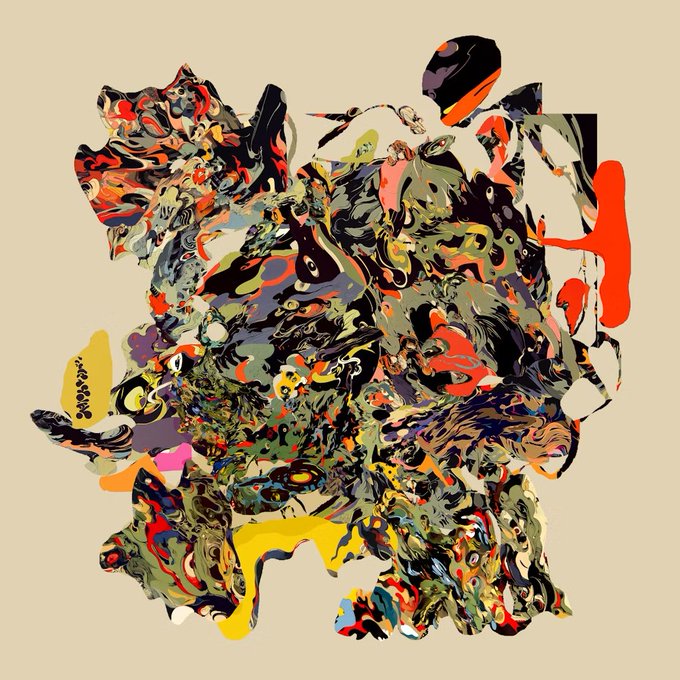 The image features a chaotic, abstract painting with various colors and shapes that appear to be splattered or smeared together. The artwork has an unconventional style, resembling a collage of different elements combined into one piece. The artist's signature can be seen in the bottom right corner of the image.