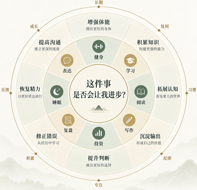 A Chinese personal-growth wheel centered on “Will this make me progress?” with activities including fitness, learning, reading, writing, investing, review, sleep, and expression, surrounded by traits such as long-term focus, profit, habit, discipline, attention, accumulation, feedback, and growth.