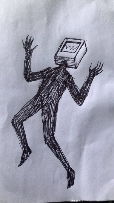 A rough, energetic black ink sketch on crumpled white paper depicting a creature with a CRT television for a head, displaying a wavy line on its screen, with thin elongated limbs and clawed hands.