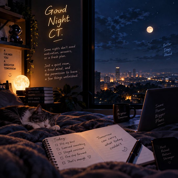 A cozy nighttime scene with a sleeping cat on a bed, an open journal with a to-do list, and a window showing a city skyline under a full moon, with text including "Good Night CT" and "Tomorrow can carry what today couldn't."