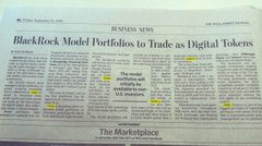 A Business News article headlined 'BlackRock Model Portfolios to Trade as Digital Tokens' with highlighted text and a 'The Marketplace' section visible at the bottom.