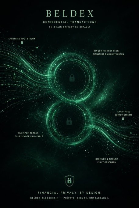 A digital graphic for 'BELDEX' advertising confidential transactions with on-chain privacy, featuring interconnected green circles with padlock icons and text like 'FINANCIAL PRIVACY. BY DESIGN.'