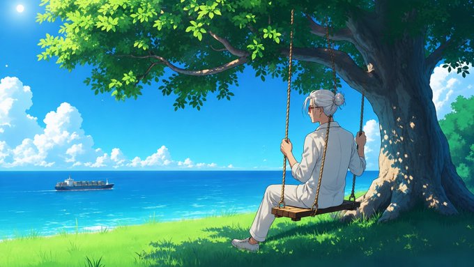 An anime-style illustration depicts an elderly woman with white hair in a bun, wearing white clothes, swinging on a wooden swing hanging from a large tree while overlooking a bright blue ocean with a ship in the distance.