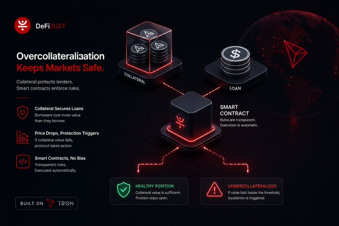 DeFiJUST infographic titled 'Overcollateralialation Keeps Markets Safe' explaining how collateral protects DeFi lending markets, built on Tron.