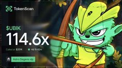 The image is a TokenScan promotional graphic for $UBIK, showing a token growth of 114.6x, with a $20K market cap and 65 holders, featuring a cartoon goblin archer as the mascot and an "Airdrop Ongoing" button. It ties into the post's airdrop giveaway, where the author claims to be distributing $33K worth of $UBIK tokens to the first 100 commenters as a promotional tactic.