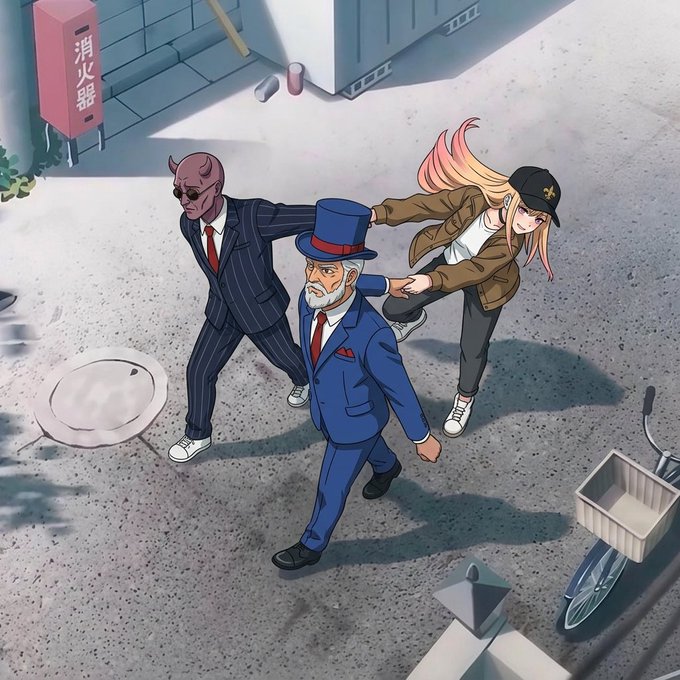 An anime-style scene showing three characters in a street setting: a man in a blue suit and top hat, a man in a pinstripe suit wearing a pink skull mask and sunglasses, and a blonde girl in a brown jacket and cap, with Japanese text '消火器' (fire extinguisher) on a red sign in the background.