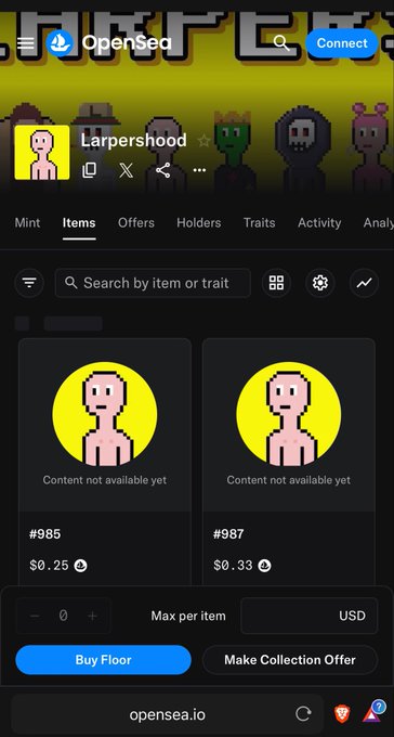A screenshot of the OpenSea NFT marketplace showing the 'Larpershood' collection page with two pixel-art avatar items (#985 and #987) listed for $0.25 and $0.33 respectively.