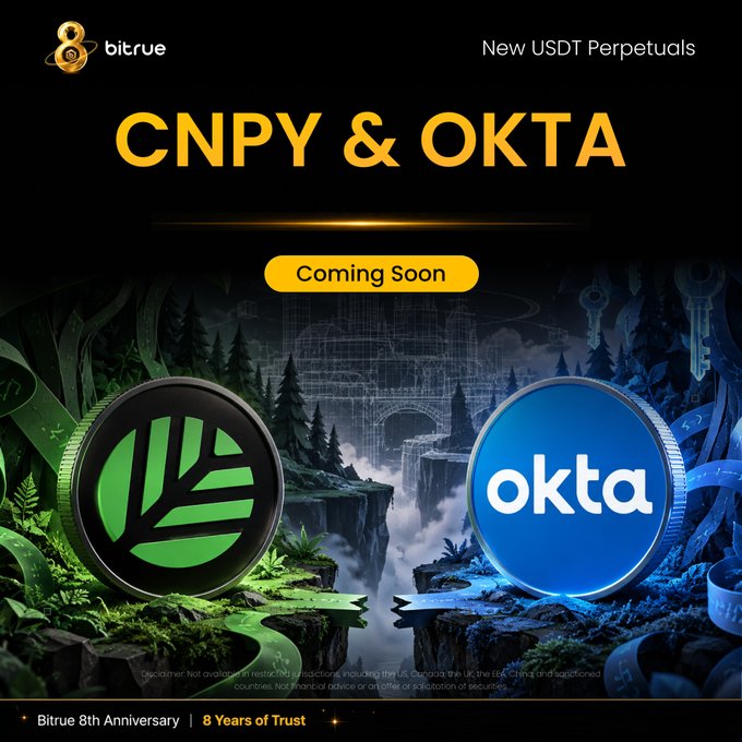 A Bitrue promotional graphic announcing "New USDT Perpetuals" for CNPY & OKTA, "Coming Soon," featuring the Bitrue 8th Anniversary branding.